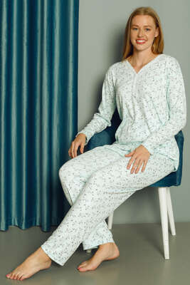 Çiçekli Yakası Dantelli Kadın Pijama Takımı Su Yeşili - Thumbnail