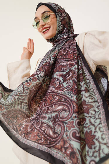 Çiçekli Yaprak Desenli Şal Çağla Yeşili - Başörtüsü