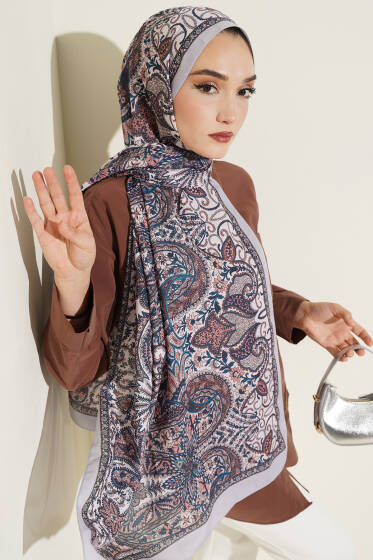 Çiçekli Yaprak Desenli Şal Gri - Başörtüsü