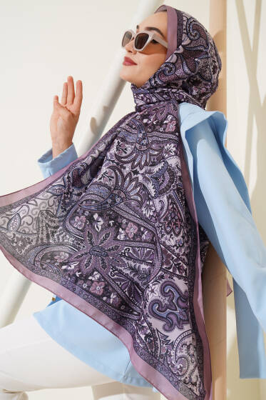 Çiçekli Yaprak Desenli Şal Gül Pembe - Başörtüsü