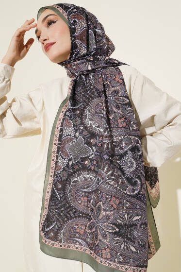Çiçekli Yaprak Desenli Şal Haki - Başörtüsü