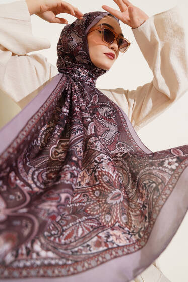 Çiçekli Yaprak Desenli Şal Vizon - Başörtüsü