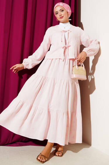 Çiçekli Yaprak Nakışlı Etekli İkili Takım Pembe - İkili Takım