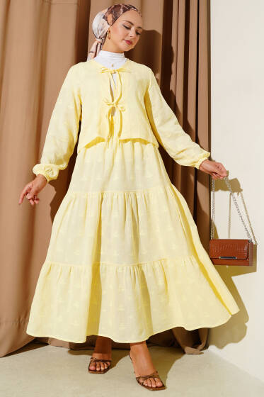 Çiçekli Yaprak Nakışlı Etekli İkili Takım Sarı - İkili Takım