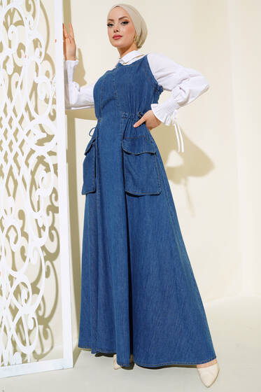 Çift Askılı Kot Jile Elbise Kot Mavisi - Elbise