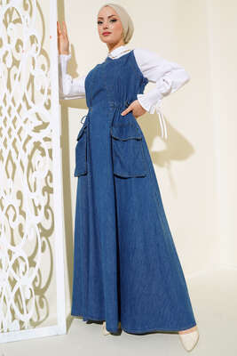 Çift Askılı Kot Jile Elbise Kot Mavisi - Tesettür Elbise