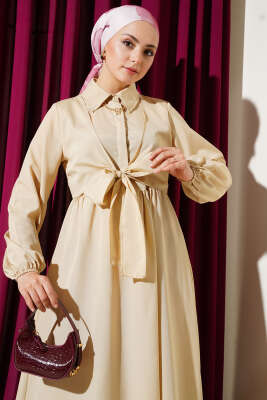 Çift Bağlamalı Düğmeli Elbise Bej - Tesettür Elbise
