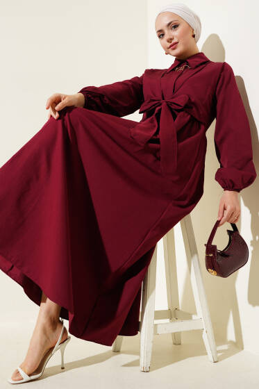 Çift Bağlamalı Düğmeli Elbise Bordo - Elbise
