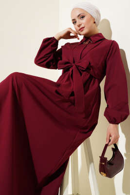 Çift Bağlamalı Düğmeli Elbise Bordo - Tesettür Elbise