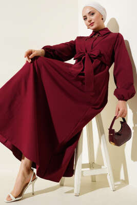 Çift Bağlamalı Düğmeli Elbise Bordo 