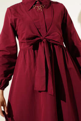 Çift Bağlamalı Düğmeli Elbise Bordo - Tesettür Elbise