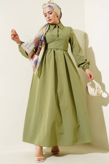 Çift Bağlamalı Düğmeli Elbise Çağla Yeşili - Elbise