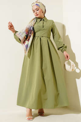 Çift Bağlamalı Düğmeli Elbise Çağla Yeşili