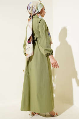 Çift Bağlamalı Düğmeli Elbise Çağla Yeşili - Tesettür Elbise