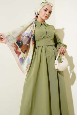 Çift Bağlamalı Düğmeli Elbise Çağla Yeşili - Tesettür Elbise