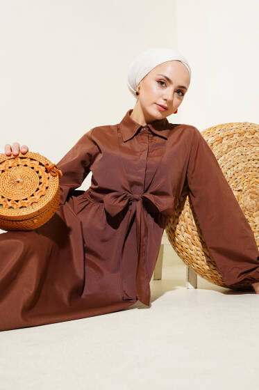 Çift Bağlamalı Düğmeli Elbise Kahve - Elbise