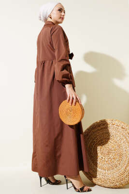 Çift Bağlamalı Düğmeli Elbise Kahve - Tesettür Elbise