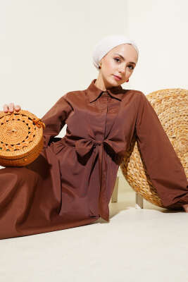 Çift Bağlamalı Düğmeli Elbise Kahve 
