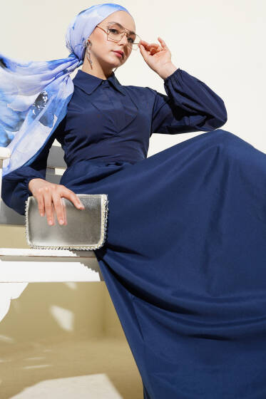 Çift Bağlamalı Düğmeli Elbise Lacivert - Elbise