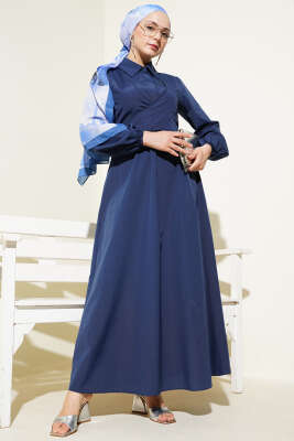 Çift Bağlamalı Düğmeli Elbise Lacivert - Tesettür Elbise