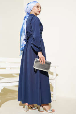 Çift Bağlamalı Düğmeli Elbise Lacivert - Tesettür Elbise