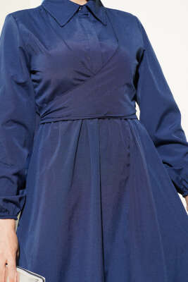 Çift Bağlamalı Düğmeli Elbise Lacivert - Tesettür Elbise