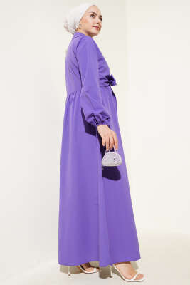 Çift Bağlamalı Düğmeli Elbise Mor - Tesettür Elbise