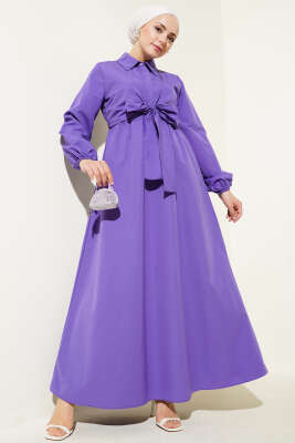 Çift Bağlamalı Düğmeli Elbise Mor 