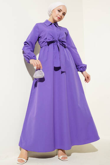 Çift Bağlamalı Düğmeli Elbise Mor - Tesettür Elbise