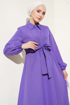 Çift Bağlamalı Düğmeli Elbise Mor - Tesettür Elbise