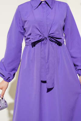 Çift Bağlamalı Düğmeli Elbise Mor - Tesettür Elbise