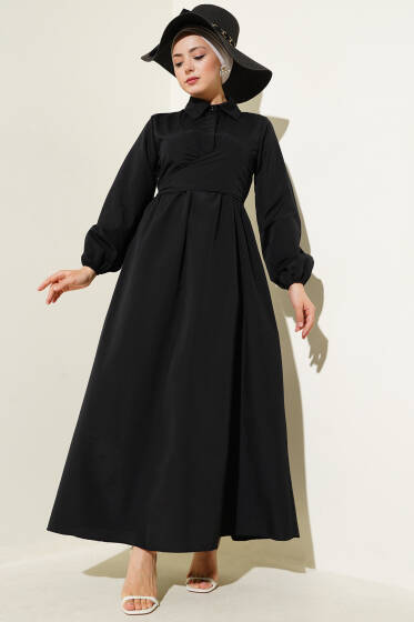 Çift Bağlamalı Düğmeli Elbise Siyah - Elbise