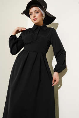 Çift Bağlamalı Düğmeli Elbise Siyah - Tesettür Elbise