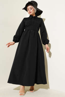 Çift Bağlamalı Düğmeli Elbise Siyah 