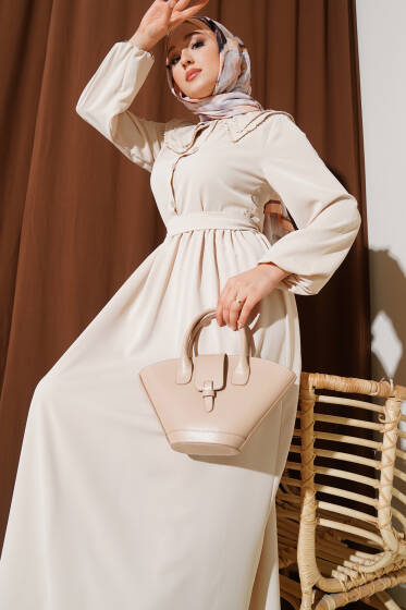 Çift Bebe Yaka Kuşaklı Elbise Bej - Elbise