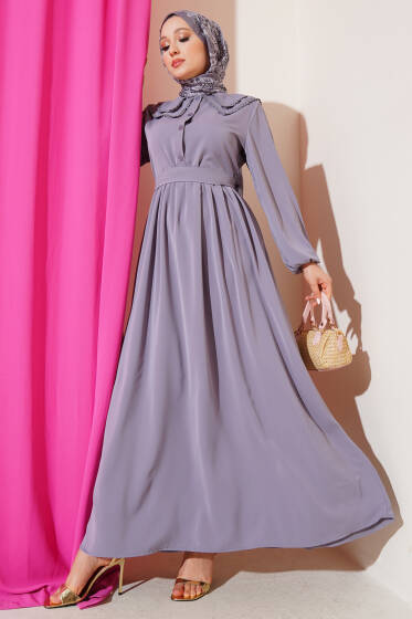 Çift Bebe Yaka Kuşaklı Elbise Gri - Elbise