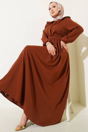 Çift Bebe Yaka Kuşaklı Elbise Kahve - Elbise