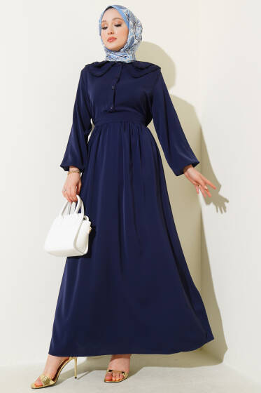 Çift Bebe Yaka Kuşaklı Elbise Lacivert - Elbise