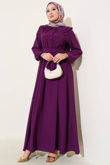 Çift Bebe Yaka Kuşaklı Elbise Mor - Elbise