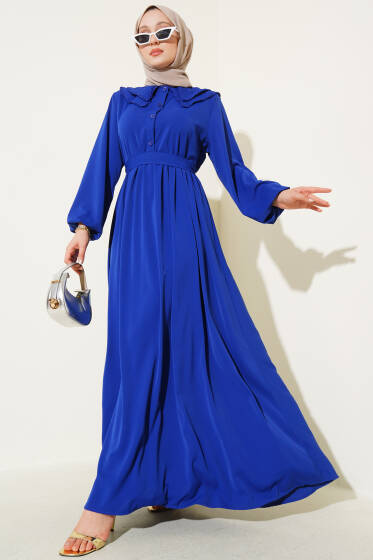 Çift Bebe Yaka Kuşaklı Elbise Saks - Elbise