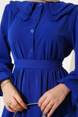 Çift Bebe Yaka Kuşaklı Elbise Saks - Elbise
