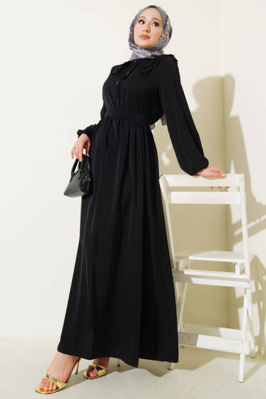 Çift Bebe Yaka Kuşaklı Elbise Siyah - Elbise