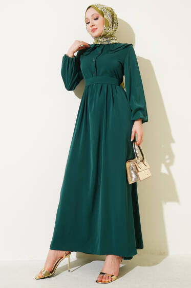 Çift Bebe Yaka Kuşaklı Elbise Zümrüt - Elbise