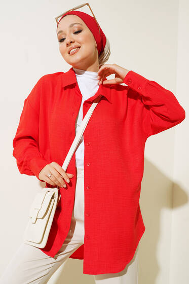 Çift Bilek Düğmeli Arkası Uzun Salaş Gömlek Alizarin - Gömlek
