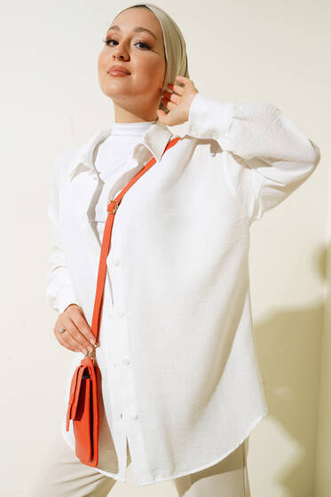 Çift Bilek Düğmeli Arkası Uzun Salaş Gömlek Ekru - Gömlek