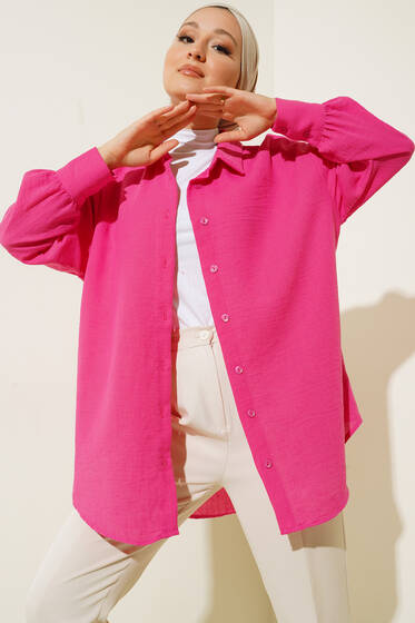 Çift Bilek Düğmeli Arkası Uzun Salaş Gömlek Fusya - Gömlek