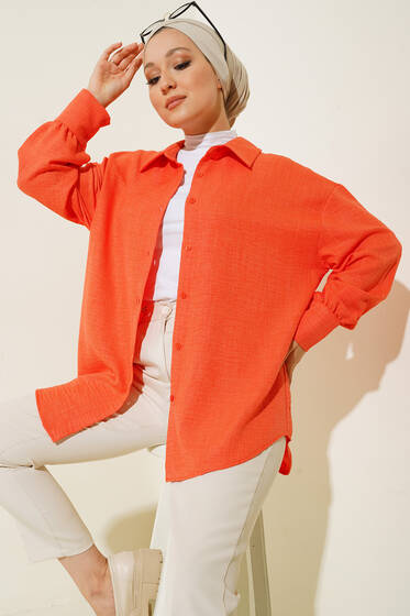 Çift Bilek Düğmeli Arkası Uzun Salaş Gömlek Oranj - Gömlek