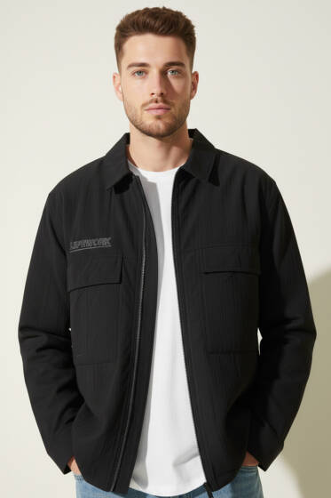 Çift Cep Detaylı Fermuarlı Erkek Mont Siyah - Erkek Mont