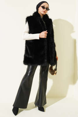 Çift Cep Detaylı Kürk Yelek Siyah - Yelek