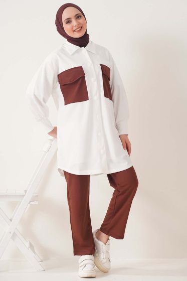 Çift Cep Düğmeli Kahve İkili Takım - İKİLİ TAKIM